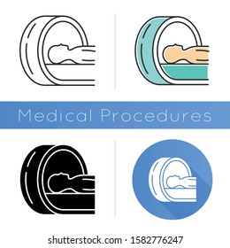 Tomography icon. Brain scan. Cancer tumor risk check. Illness diagnosis. Disease examination. Hospital equipment. Health evaluation. Flat design, linear and color styles. Isolated vector illustrations