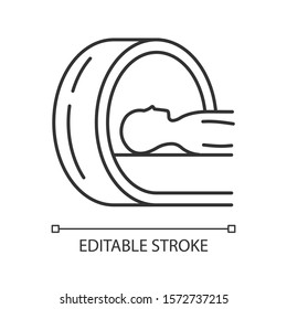 Tomography linear icon. Brain scan. Cancer tumor risk check. Illness diagnosis. Disease examination. Thin line illustration. Contour symbol. Vector isolated outline drawing. Editable stroke