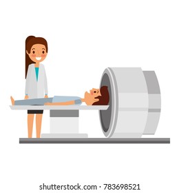 tomography scanner machine with patient and doctor