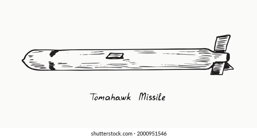 Tomohawk-Rakete, farbige Farbzeichnung im Holzschnitt mit Inschrift