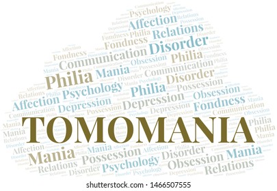 Tomomania word cloud. Type of mania, made with text only.