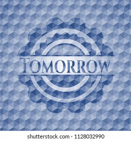 Tomorrow blue badge with geometric pattern background.