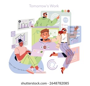 Tomorrow Work concept. Digital professionals use virtual reality, data visualization, and remote collaboration tools in a flexible environment fostering productivity and seamless communication. Vector