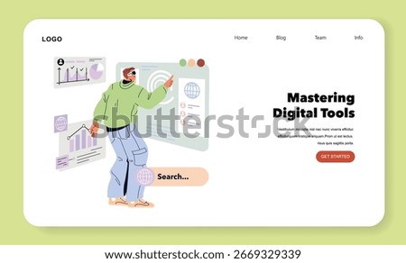 Tomorrow Work concept. Young man interacts with digital interface while searching and analyzing information using advanced tools. Future workplace focuses on technology, innovation, and productivity