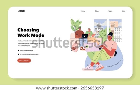 Tomorrow Work. Modern workplace flexibility with people working on laptops in a casual lounge setting, urban view from large windows, plants and friendly collaboration. Vector illustration.