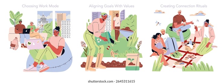 Amanhã de trabalho. Modos de trabalho flexíveis, alinhando as metas da equipe com os valores pessoais e criando rituais de grupo. Cenas de pessoas colaborando, plantando e se unindo ao ar livre. Ilustração vetorial.