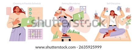 Tomorrow Work set. Flexible schedules, clear boundaries and self-discipline in modern remote work. Managing time, productivity, balance and personal growth at home office. Vector illustration.