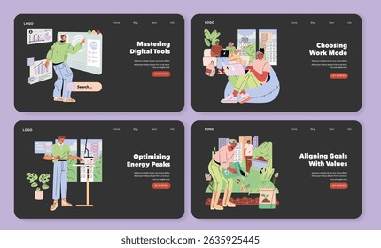Tomorrow Work set. Modern professionals adapt to future work trends using digital tools, exploring flexible work modes, optimizing energy for productivity and aligning personal values with their goals