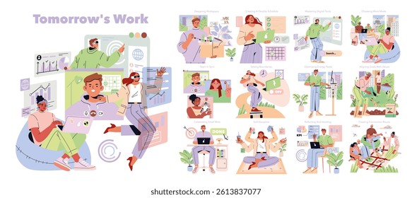 Tomorrow Work set. Remote teamwork using digital tools, personalized workspace design, flexible schedules and energy optimization, balancing goals and boundaries, celebrating achievements. Vector