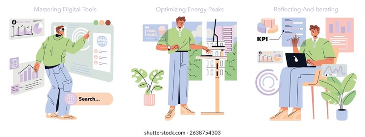 Tomorrow Work set. Workplace innovation, automation, digital tool adoption, data tracking, energy use optimization, and progress review seen in modern office. Vector illustration.
