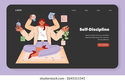 Amanhã Trabalho. Mulher com vários braços gerencia tarefas sentada de pernas cruzadas no espaço de trabalho moderno. Produtividade, autodisciplina, multitarefas, gestão do tempo e conciliação entre a vida profissional e a vida familiar. Ilustração vetorial.