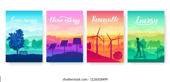 Tomorrow's clean energy equipment on nature landscape. Eco electricity design for poster, magazine, brochure, booklet. Ecological technology flyer background 