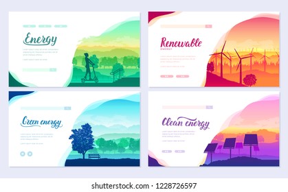 Tomorrow's clean energy equipment on nature landscape. Eco electricity design for poster, magazine, brochure, booklet. Ecological technology flyer background 