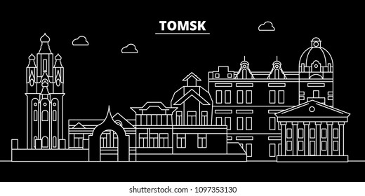 Tomsk silhouette skyline. Russia - Tomsk vector city, russian linear architecture, buildings. Tomsk travel illustration, outline landmarks. Russia flat icon, russian line banner
