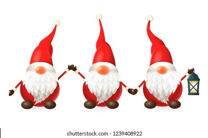 Tomte, Nisse, Tomtenisse - three happy cute Scandinavian gnomes celebrate winter solstice - vector illustration isolated on white