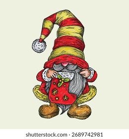 Tomte vector illustration design carrying pine socks hand drawn