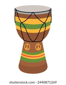 Tomtom drum made of brown wood with a peace sign. Djembe drum African musical instrument. Isolated on a white background. Vector illustration. National instrument of Jamaica, reggae music.