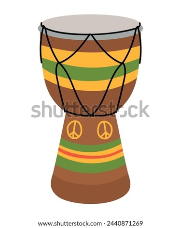 Tomtom drum made of brown wood with a peace sign. Djembe drum African musical instrument. Isolated on a white background. Vector illustration. National instrument of Jamaica, reggae music.