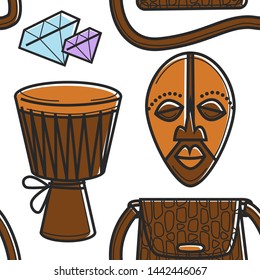 Tomtom and mask South Africa symbols seamless pattern vector diamonds and crocodile skin purse musical instrument and face cover endless texture African customs and traditions wallpaper print.