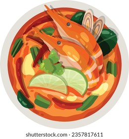 Tomyamkung, Spicy Shrimp Soup Illustration. Top View Thai Food Illustration Vector.