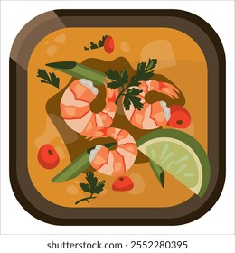 Tomyamkung, Ilustración picante de sopa de camarón. Vista superior Vector de ilustración de comida tailandesa.