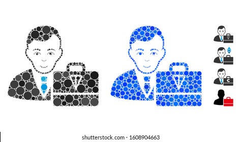 Ton accounter composition of round dots in variable sizes and color tinges, based on ton accounter icon. Vector dots are united into blue mosaic. Dotted ton accounter icon in usual and blue versions.