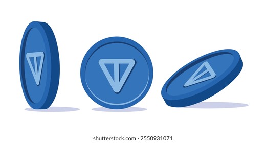 TON cryptocurrency coins in 3D perspective on white isolated background. Cartoon TON coin in style of virtual assets and digital investments. For crypto emblems design, logo, blockchain design.