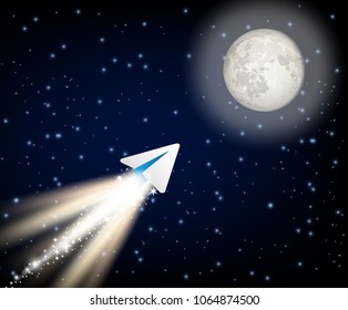 TON cryptocurrency flying to the moon like space rocket vector illustration. New cryptocurrency ico space wallpaper, poster.