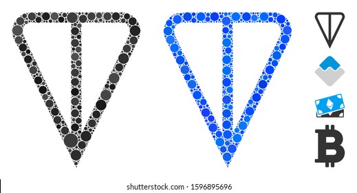 Ton currency mosaic of filled circles in different sizes and color hues, based on ton currency icon. Vector random circles are grouped into blue mosaic.