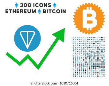 Ton Growing Trend icon with 3 hundred additional bitcoin clip art. Vector illustration style is flat iconic symbols designed for cryptocurrency trading websites.
