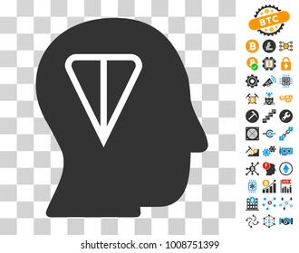 Ton Idea Head icon with bonus bitcoin mining and blockchain pictographs. Vector illustration style is flat iconic symbols. Designed for cryptocurrency software.