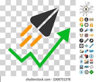 Ton Launch Trend Arrow icon with bonus bitcoin mining and blockchain images. Vector illustration style is flat iconic symbols. Designed for crypto currency software.
