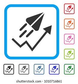 Ton Launch Trend Arrow icon. Flat gray iconic symbol inside a blue rounded rectangular frame. Black, gray, green, blue, red, orange color versions of ton launch trend arrow vector.