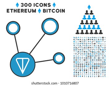 Ton Node Connections icon with 3 hundred bonus cryptocurrency pictograms. Vector illustration style is flat iconic symbols designed for ethereum apps.