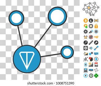 Ton Node Connections icon with bonus bitcoin mining and blockchain pictographs. Vector illustration style is flat iconic symbols. Designed for cryptocurrency websites.