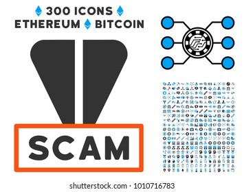 Ton Scam Label icon with 3 hundred bonus ethereum design elements. Vector illustration style is flat iconic symbols designed for cryptocurrency mining software.