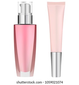 Tonal cream bottle and tube set. Vector design illustration. Tonal basis 3d bottle and tube realistic mockup  isolated on white background. Face care, body care makeup liquid cosmetic.