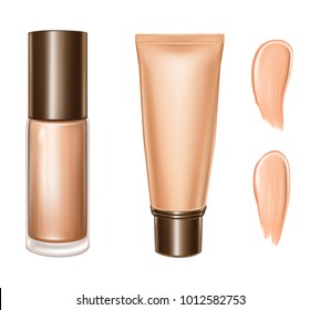 Tonal foundation cream vector 3D bottle and tube. Isolated illustration of realistic tone basis or tonal makeup cosmetic package and smudges on white background for skincare product design template
