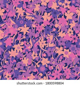 Tonal pink flowers vector repeat pattern with stems and leaves. Pattern for fabric, backgrounds, wrapping, textile, wallpaper, apparel. Vector illustration