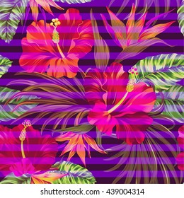tonal tropical pattern. seamless vector design with beautiful flowers in tonal pink and purple colors. with light overlapping striped effect.