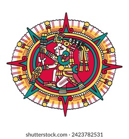 Tonatiuh, Aztec sun god, known as Nahui Ollin, The Fifth Sun, depicted in the center of a solar disc. Should mankind fail, the sun will go black, and the world will end due to terrible catastrophes.