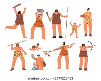 tone age cartoon characters. Ancient primitive people in animal skins, children and adults, men, women, hunters and fishermen, vector set