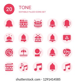 tone icon set. Collection of 20 filled tone icons included Bell, Drum, Notification, Music notes, Musical note, Music note