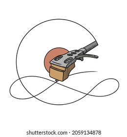 Tonearm with a pickup and a stylus from a turntable and a vinyl record with a sound track.