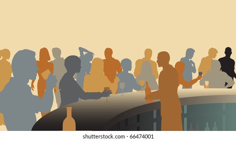 Toned editable vector silhouettes of people in a wine bar