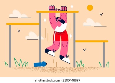 Toned fit sportsman make pull-ups on bar outdoors. Active man do sports train exercise on chin-up burs. Physical activity and healthy lifestyle. Morning workout concept. Vector illustration. 