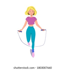 A toned girl does exercises with a skipping rope in sportswear. Flat vector illustration on a white isolated background. Image for sports centers and banners. EPS 10