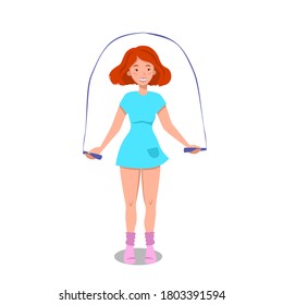 A toned girl does exercises with a skipping rope in home clothes. Flat vector illustration on a white isolated background. Image for sports centers and banners. EPS 10