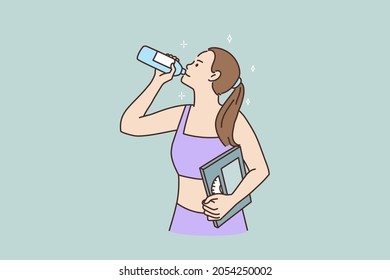 Toned millennial girl hold weight scales drink water from bottle follow healthy lifestyle. Young woman take care of body weight, keep water balance. Sport, diet concept. Vector illustration. 