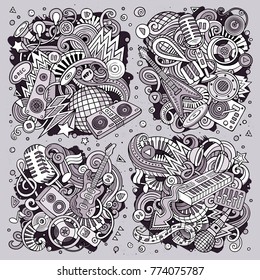 Toned vector hand drawn doodles cartoon set of disco music combinations of objects and elements